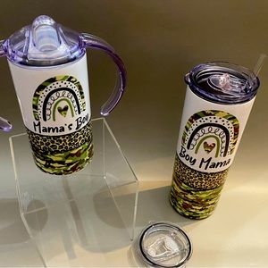 Toddler sippy cup and 20 oz stainless steel tumbler.